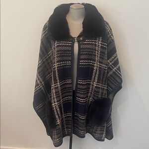 Women's Black & Cream Plaid Faux-Fur Collar Poncho Style Coat